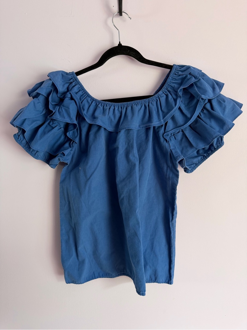 Vintage Cornflower Blue Ruffle Off-Shoulder Prairie Blouse L